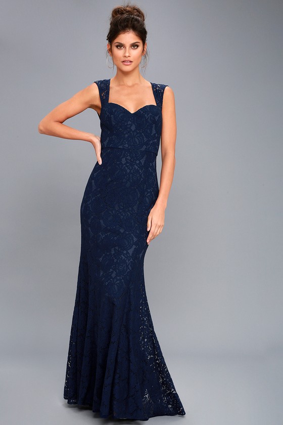 Navy Blue Lace Couture Dress